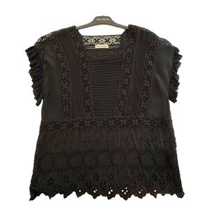 Ulla Johnson Black Eyelet Lace and Silk Blouse